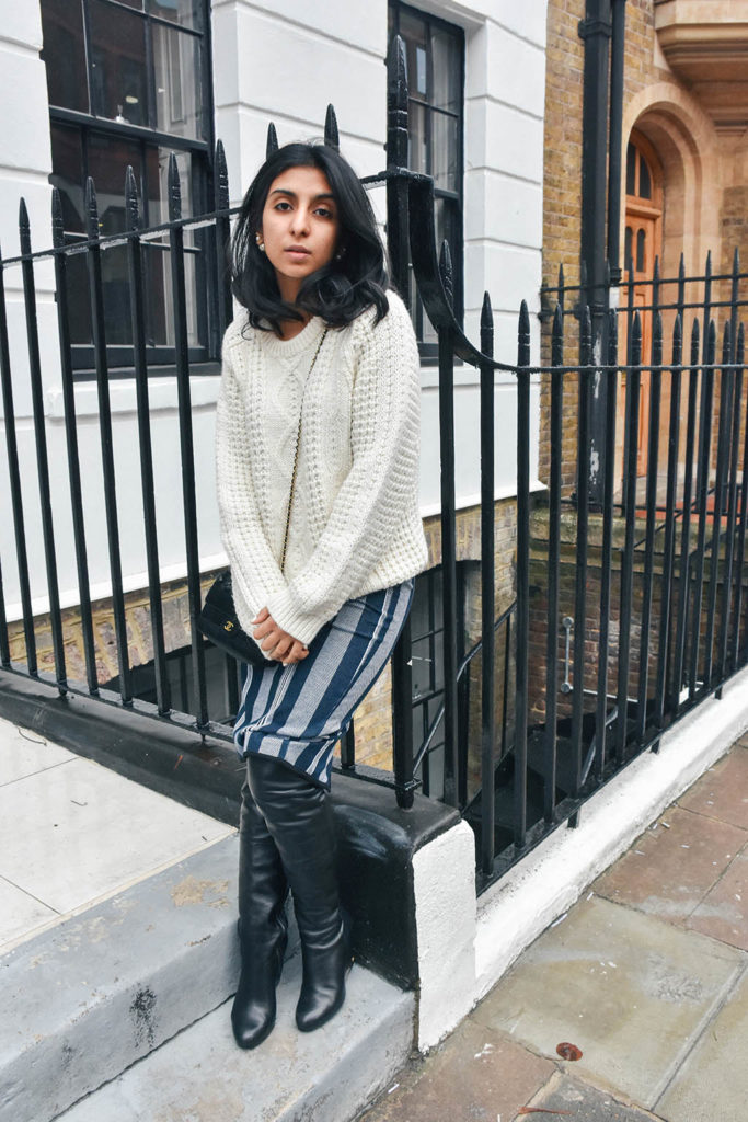 Fashion blogger Shloka Narang of The Silk Sneaker showcases how to mix winter textures and patterns for a high fashion look