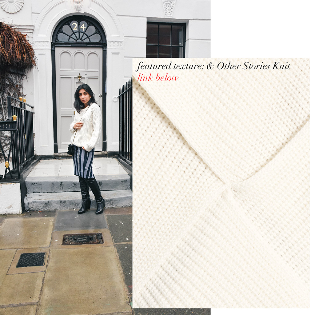 Fashion blogger Shloka Narang of The Silk Sneaker showcases how to mix winter textures and patterns for a high fashion look