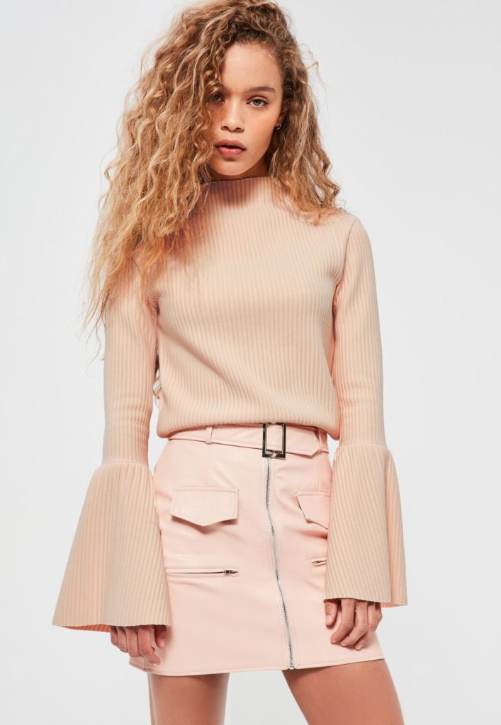 nude-high-neck-ribbed-flared-sleeve-top