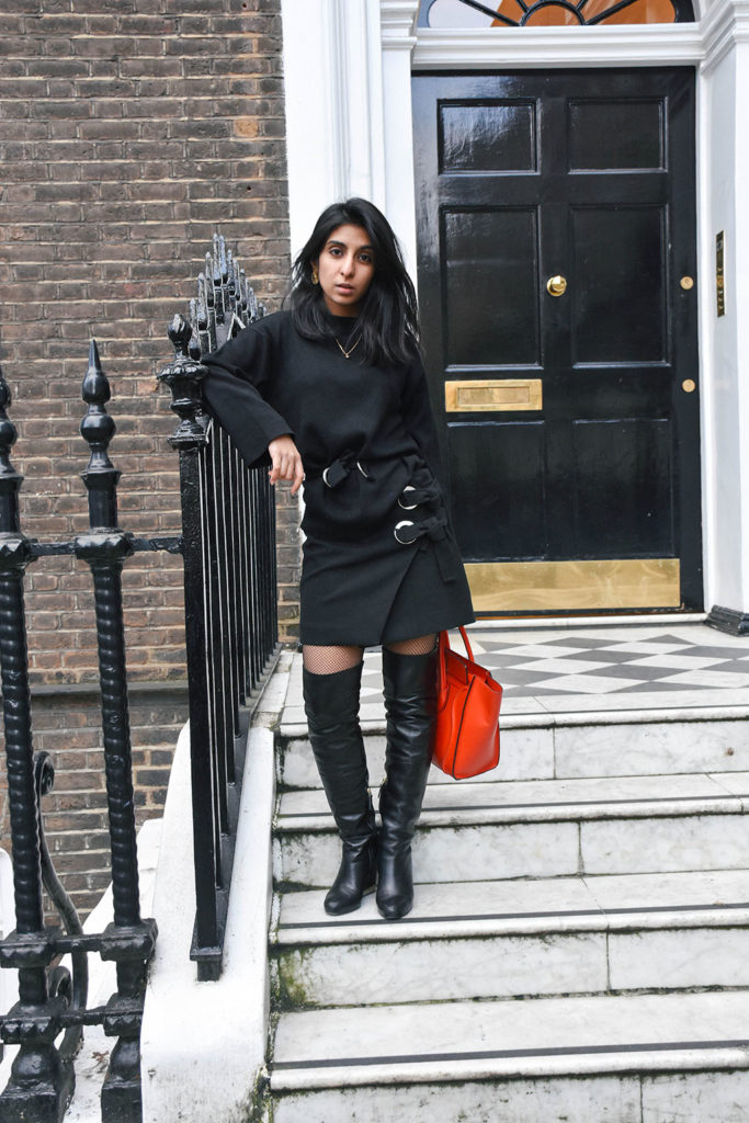Fashion blogger Shloka Narang of The Silk Sneaker showcases how to style fishnet stockings and buckle skirts