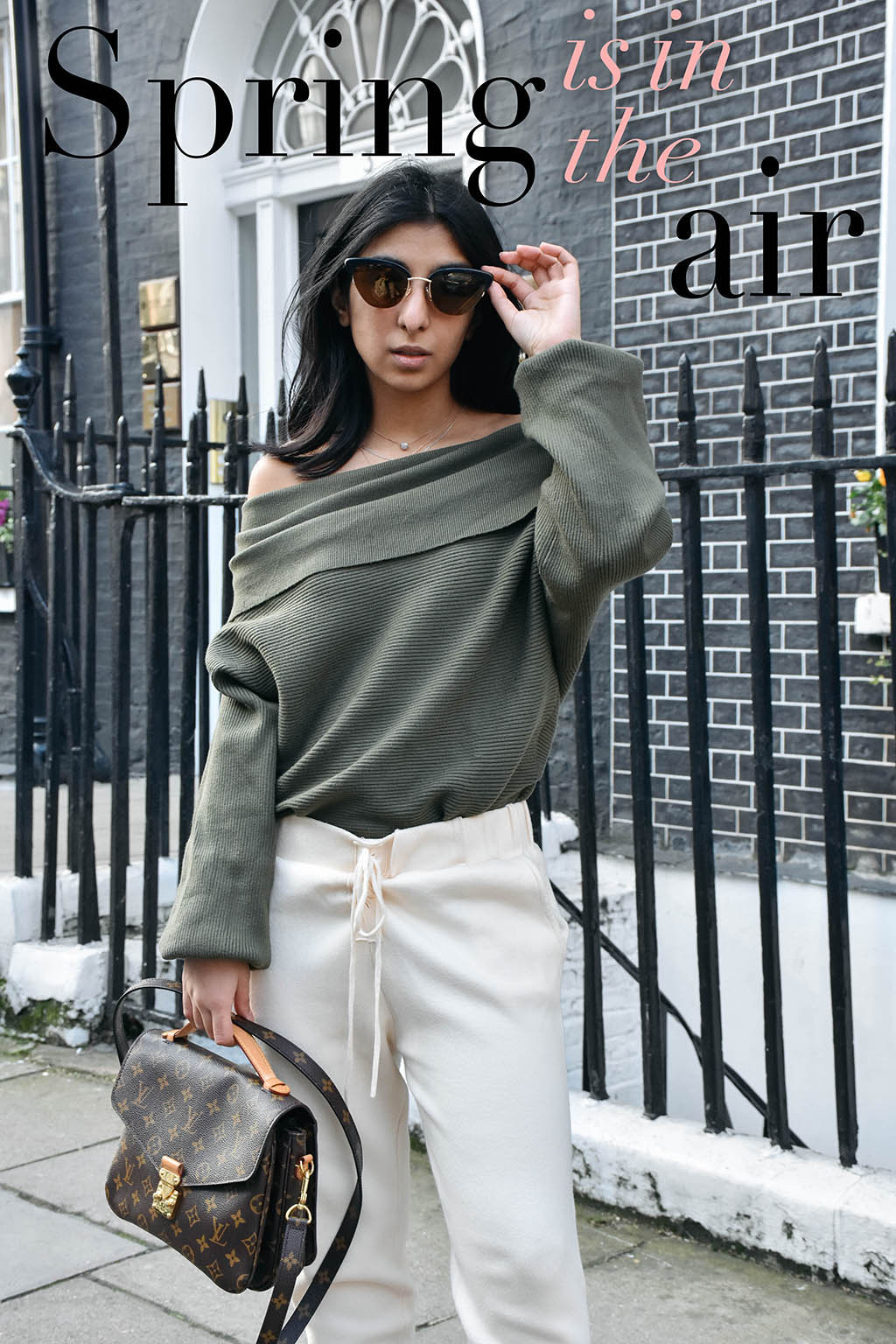 Fashion blogger Shloka Narang of The Silk Sneaker shows how to dress for spring with an off shoulder Zara sweater and Louis Vuitton Pochette Bag
