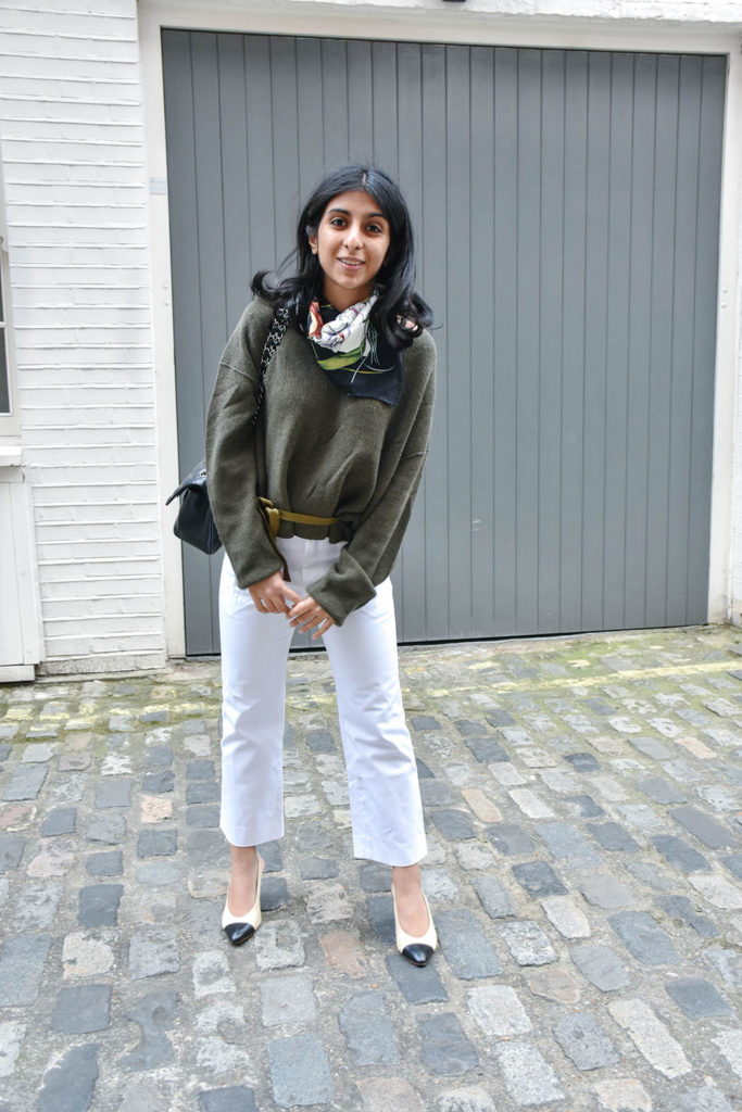 Fashion blogger Shloka Narang showcases a spring outfit to wear now with sailor pants and khaki
