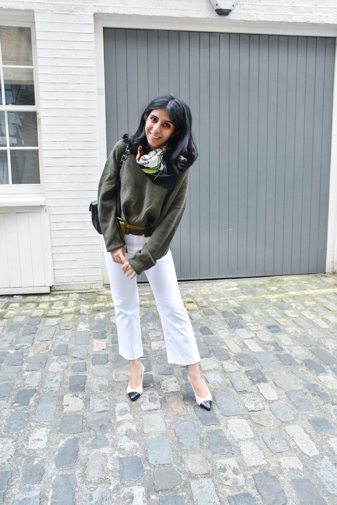Fashion blogger Shloka Narang showcases a spring outfit to wear now with sailor pants and khaki
