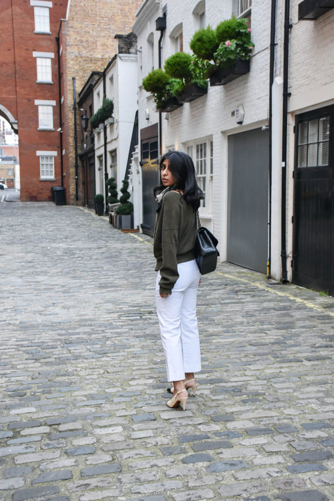 Fashion blogger Shloka Narang showcases a spring outfit to wear now with sailor pants and khaki