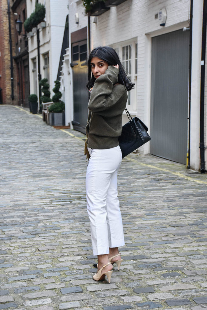 Fashion blogger Shloka Narang showcases a spring outfit to wear now with sailor pants and khaki