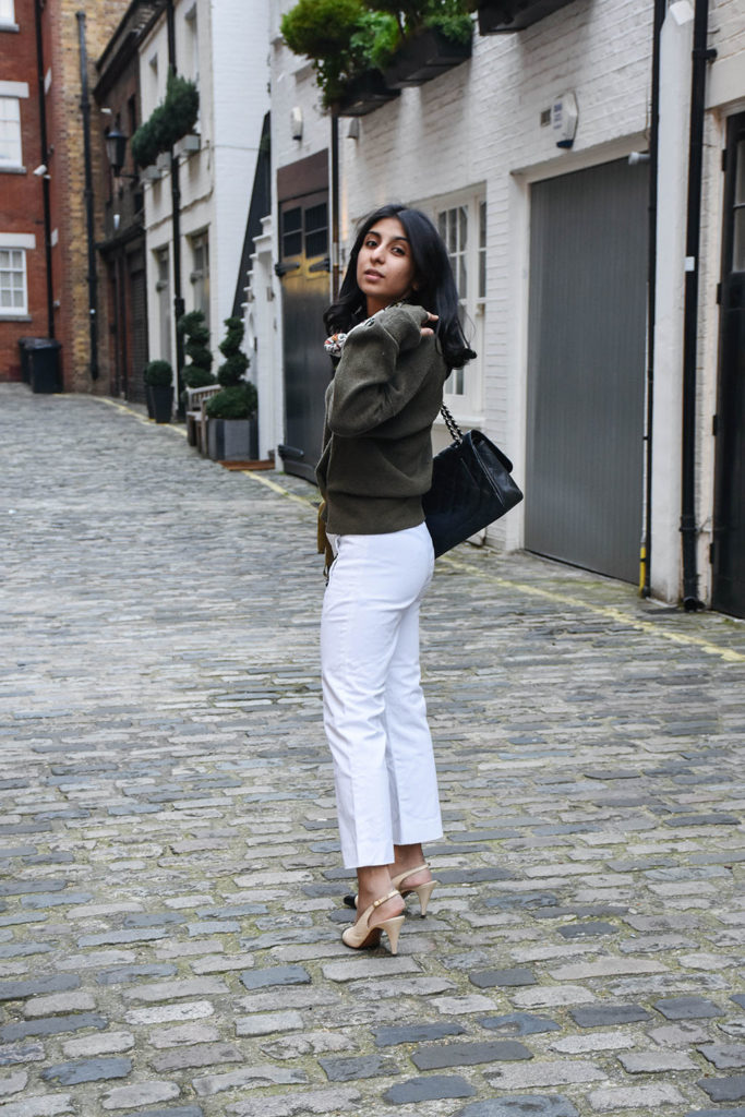 Fashion blogger Shloka Narang showcases a spring outfit to wear now with sailor pants and khaki