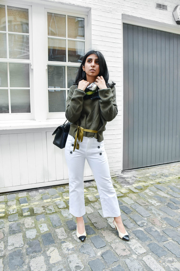 Fashion blogger Shloka Narang showcases a spring outfit to wear now with sailor pants and khaki