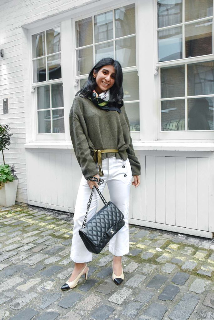 Fashion blogger Shloka Narang showcases a spring outfit to wear now with sailor pants and khaki