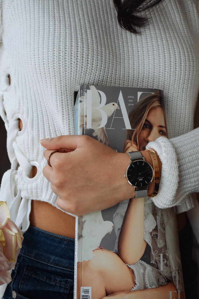 Fashion blogger Shloka Narang of The Silk Sneaker showcases the brand new Daniel Wellington Petite watch with a mesh strap
