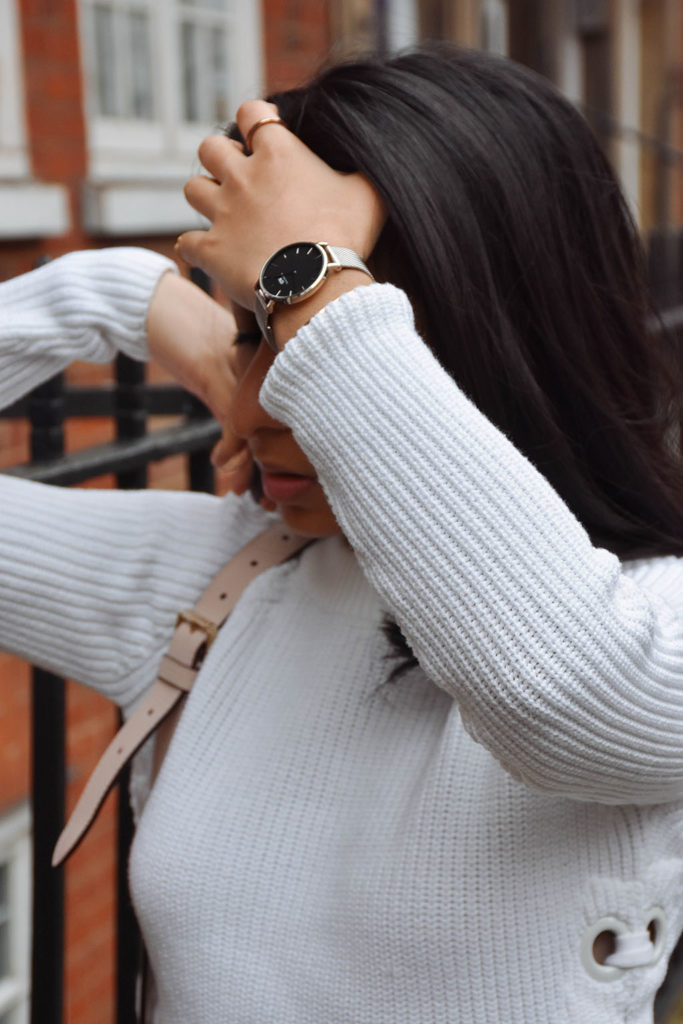 Fashion blogger Shloka Narang of The Silk Sneaker showcases the brand new Daniel Wellington Petite watch with a mesh strap