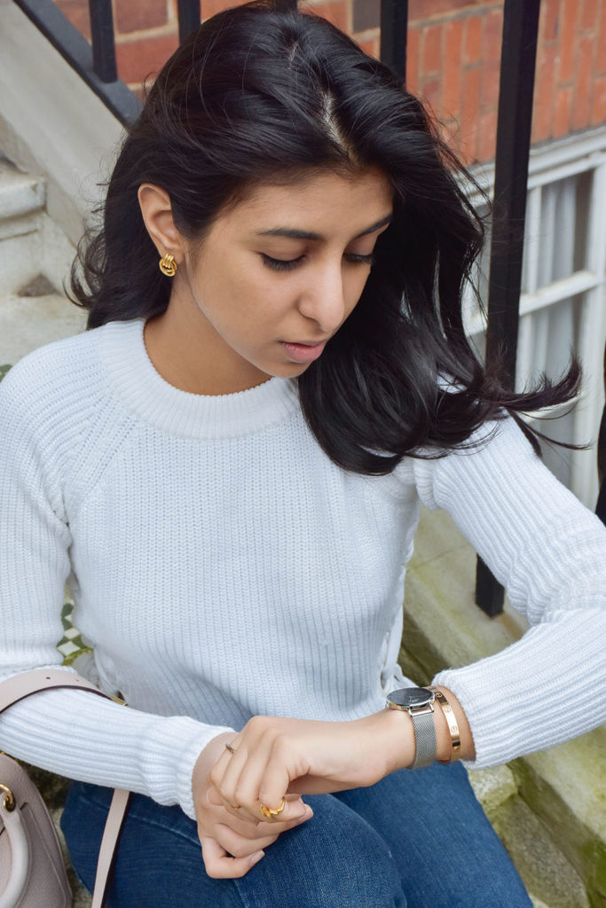 Fashion blogger Shloka Narang of The Silk Sneaker showcases the brand new Daniel Wellington Petite watch with a mesh strap