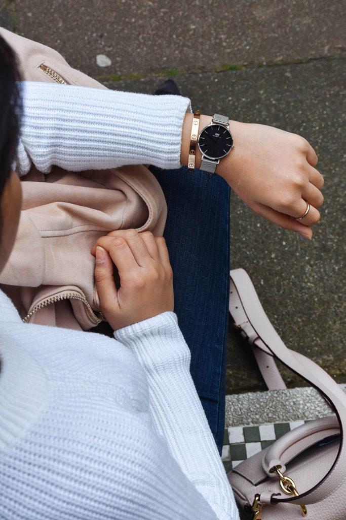 Fashion blogger Shloka Narang of The Silk Sneaker showcases the brand new Daniel Wellington Petite watch with a mesh strap