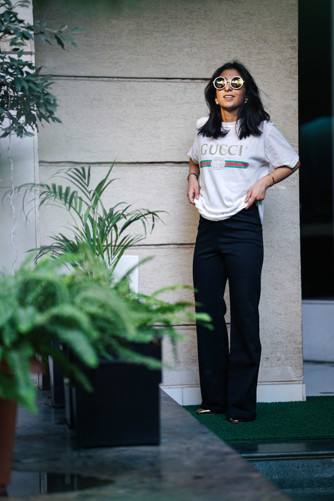 Fashion blogger Shloka Narang of The Silk Sneaker showcases a unique way to style the Gucci Tee Shirt