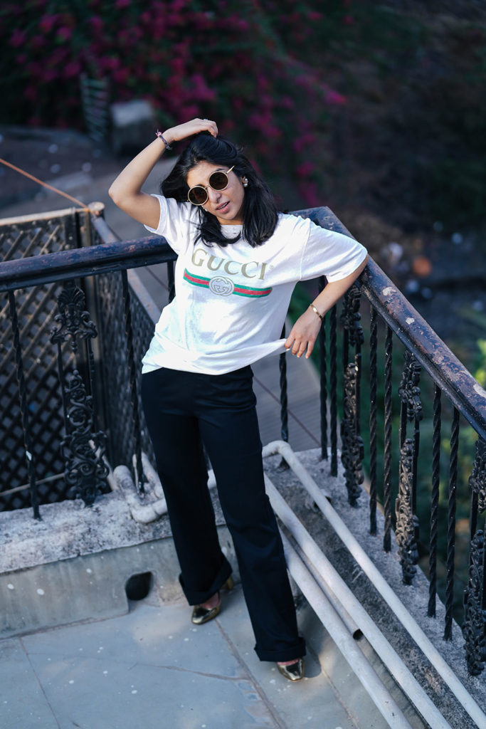 Fashion blogger Shloka Narang of The Silk Sneaker showcases a unique way to style the Gucci Tee Shirt