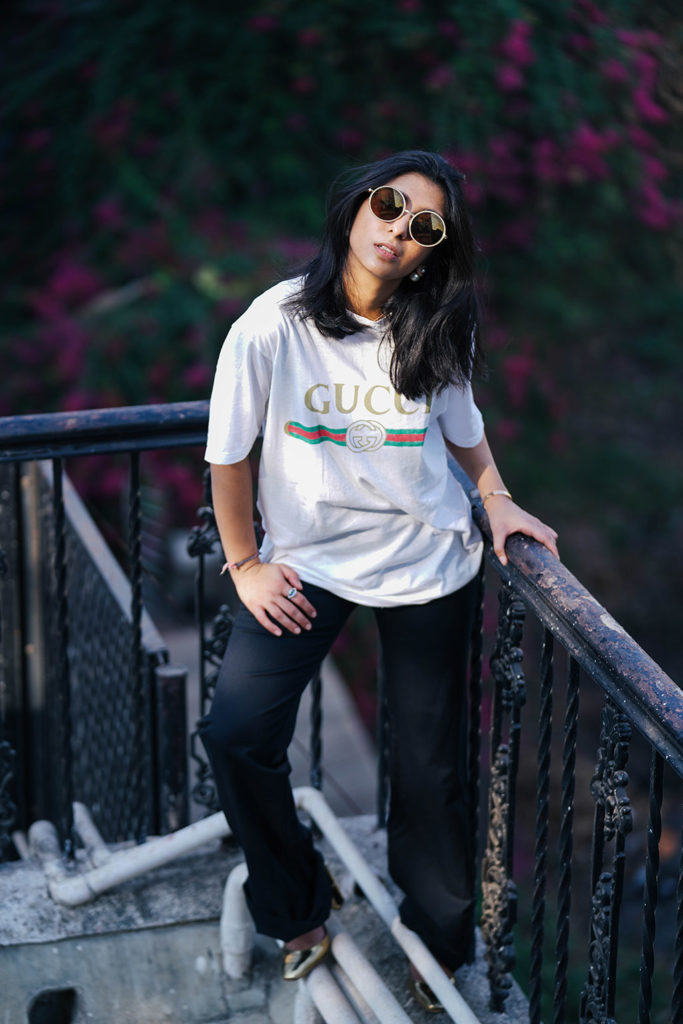 Fashion blogger Shloka Narang of The Silk Sneaker showcases a unique way to style the Gucci Tee Shirt