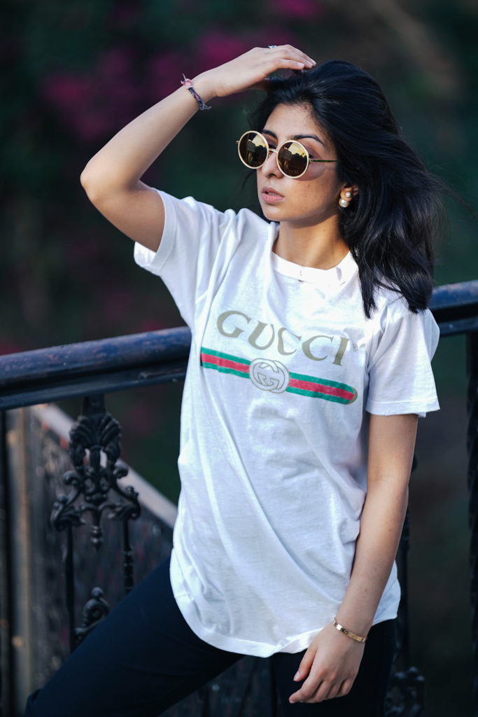 Fashion blogger Shloka Narang of The Silk Sneaker showcases a unique way to style the Gucci Tee Shirt