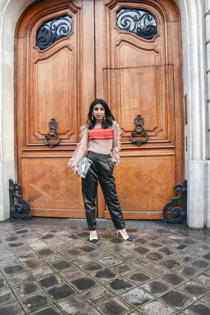 Fashion Blogger Shloka Narang of The Silk Sneaker showcases her Paris Fashion Week outfit and street style showcasing a Self Portrait Top and Topshop Trousers