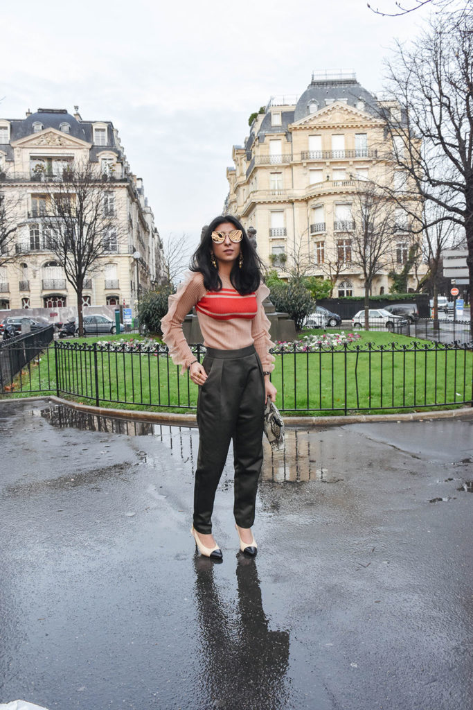 Fashion Blogger Shloka Narang of The Silk Sneaker showcases her Paris Fashion Week outfit and street style showcasing a Self Portrait Top and Topshop Trousers
