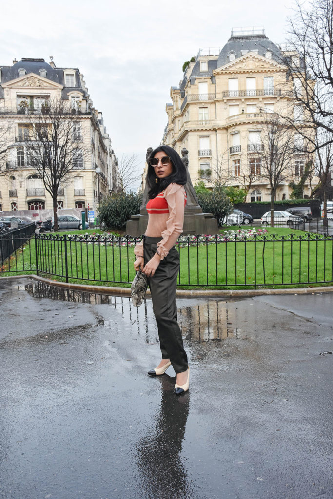 Fashion Blogger Shloka Narang of The Silk Sneaker showcases her Paris Fashion Week outfit and street style showcasing a Self Portrait Top and Topshop Trousers