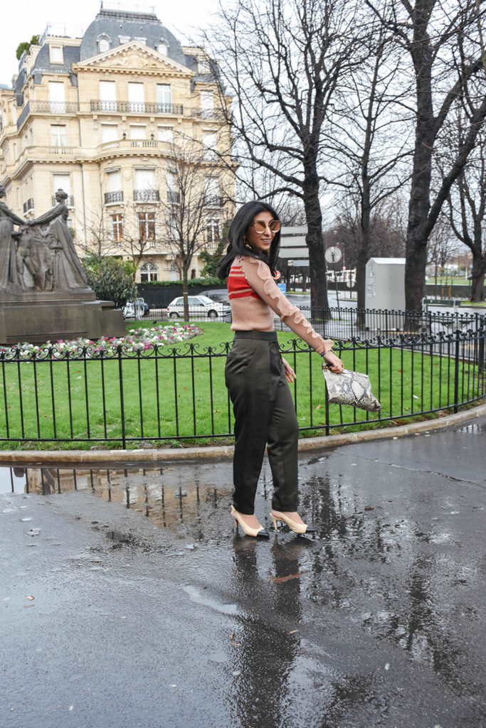 Fashion Blogger Shloka Narang of The Silk Sneaker showcases her Paris Fashion Week outfit and street style showcasing a Self Portrait Top and Topshop Trousers