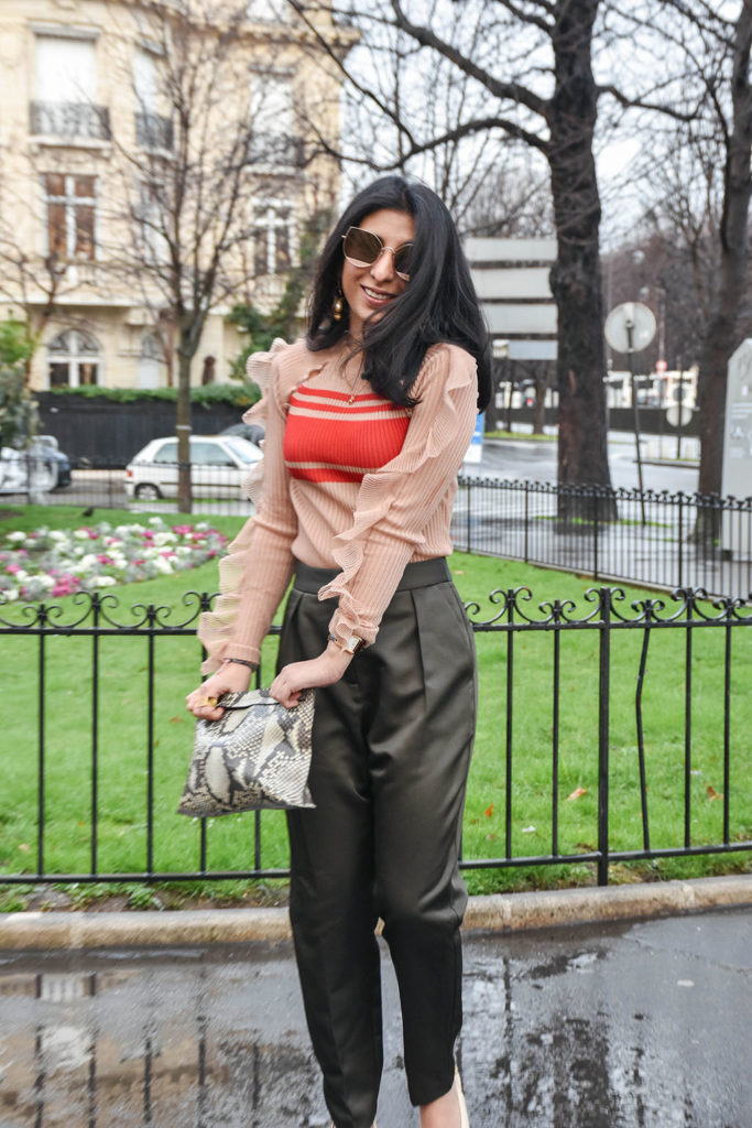 Fashion Blogger Shloka Narang of The Silk Sneaker showcases her Paris Fashion Week outfit and street style showcasing a Self Portrait Top and Topshop Trousers