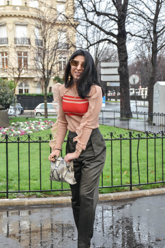 Fashion Blogger Shloka Narang of The Silk Sneaker showcases her Paris Fashion Week outfit and street style showcasing a Self Portrait Top and Topshop Trousers