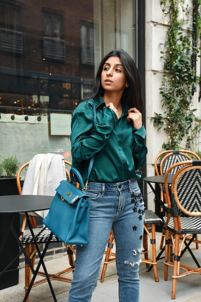 Fashion Blogger Shloka Narang of The Silk Sneaker showcases her embroidered star jeans from Paige in a spring outfit