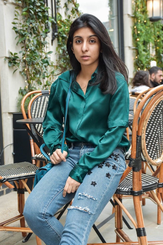 Fashion Blogger Shloka Narang of The Silk Sneaker showcases her embroidered star jeans from Paige in a spring outfit