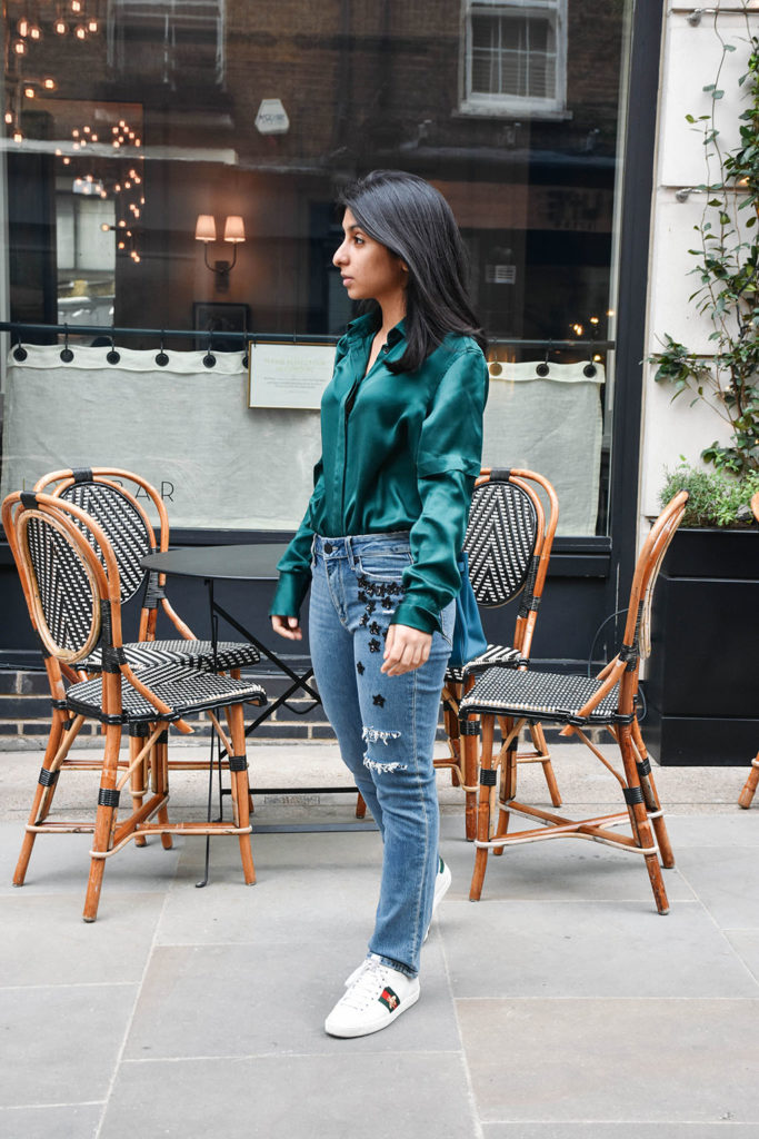 Fashion Blogger Shloka Narang of The Silk Sneaker showcases her embroidered star jeans from Paige in a spring outfit