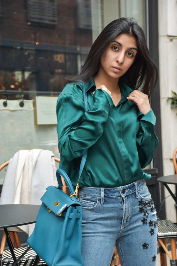 Fashion Blogger Shloka Narang of The Silk Sneaker showcases her embroidered star jeans from Paige in a spring outfit