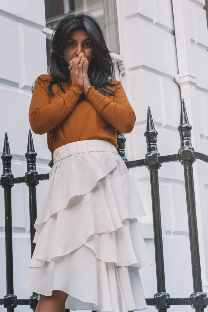 Fashion blogger Shloka Narang of The Silk Sneaker creates a stunning autumn outfit transitioning the summer skirt into autumn with Isabel Marant, Uniqlo and Amazon Find