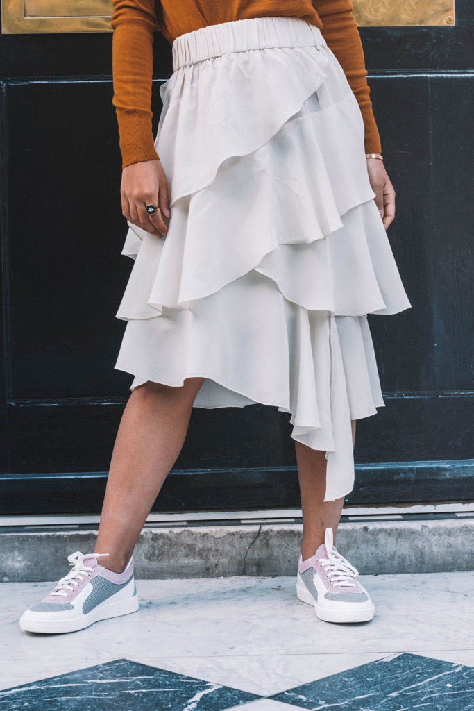 Fashion blogger Shloka Narang of The Silk Sneaker creates a stunning autumn outfit transitioning the summer skirt into autumn with Isabel Marant, Uniqlo and Amazon Find