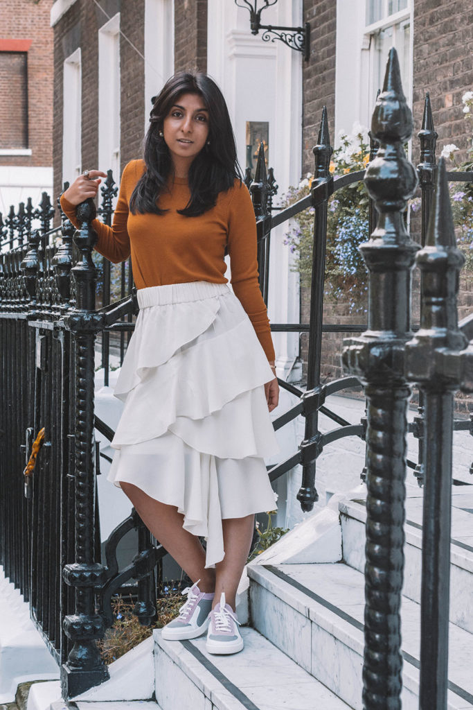 Fashion blogger Shloka Narang of The Silk Sneaker creates a stunning autumn outfit transitioning the summer skirt into autumn with Isabel Marant, Uniqlo and Amazon Find