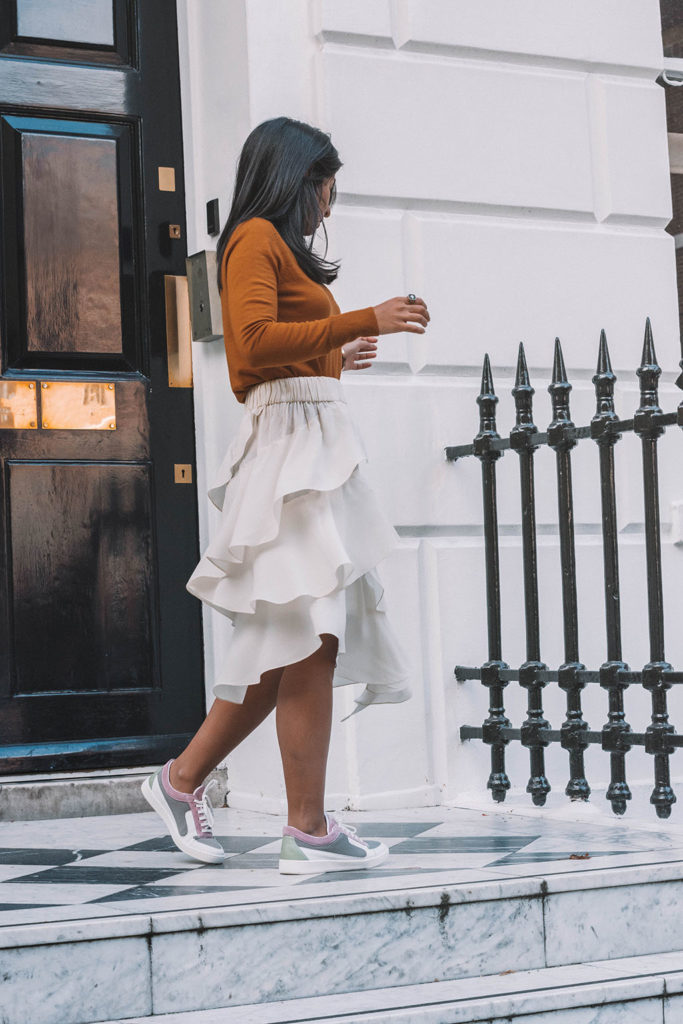 Fashion blogger Shloka Narang of The Silk Sneaker creates a stunning autumn outfit transitioning the summer skirt into autumn with Isabel Marant, Uniqlo and Amazon Find