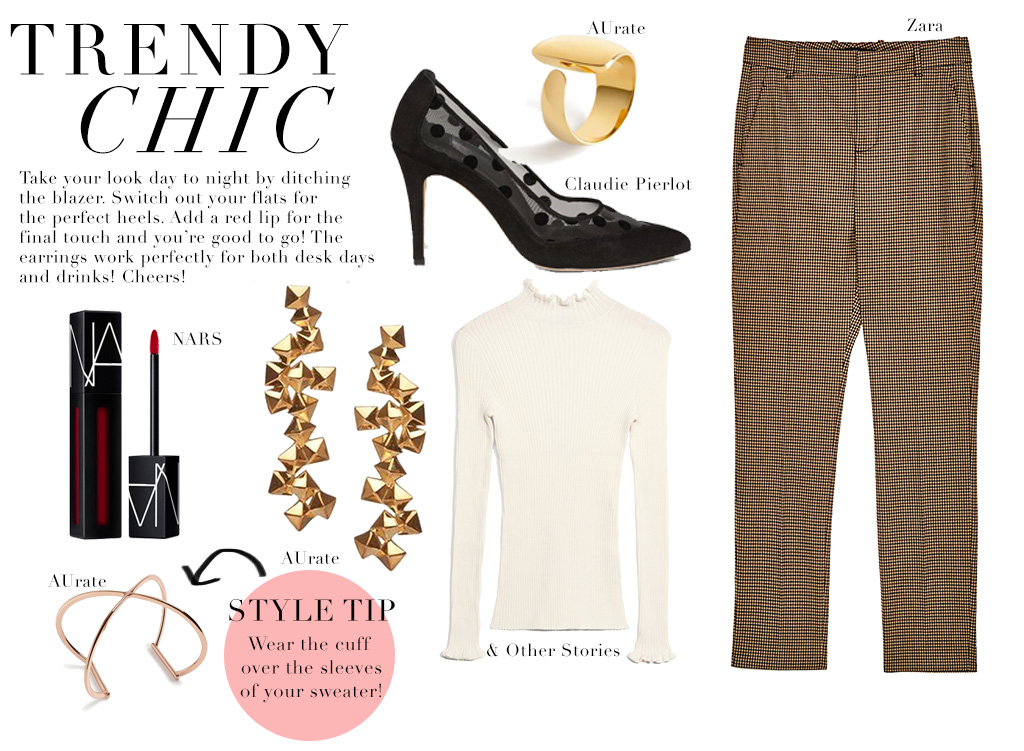 Fashion influencer Shloka Narang of The Silk Sneaker creates a fashionable day to night ensemble with key pieces from AUrate NYC Jewellery