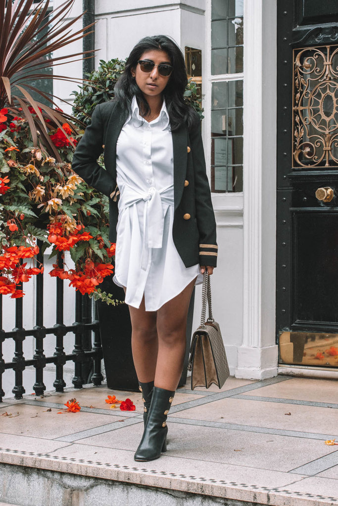 Fashion blogger Shloka Narang of The Silk sneaker showcases how to style a shirt dress for the autumn