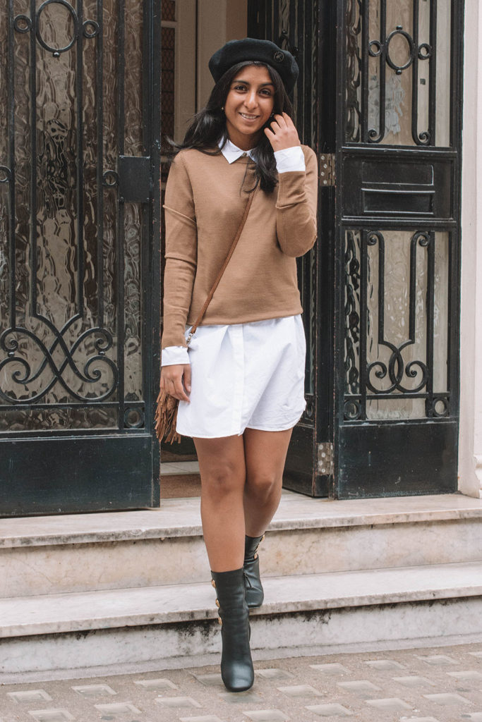 Fashion blogger Shloka Narang of The Silk Sneaker shares a fashionable way to wear your favourite white shirt dress in the autumn with this transitional outfit
