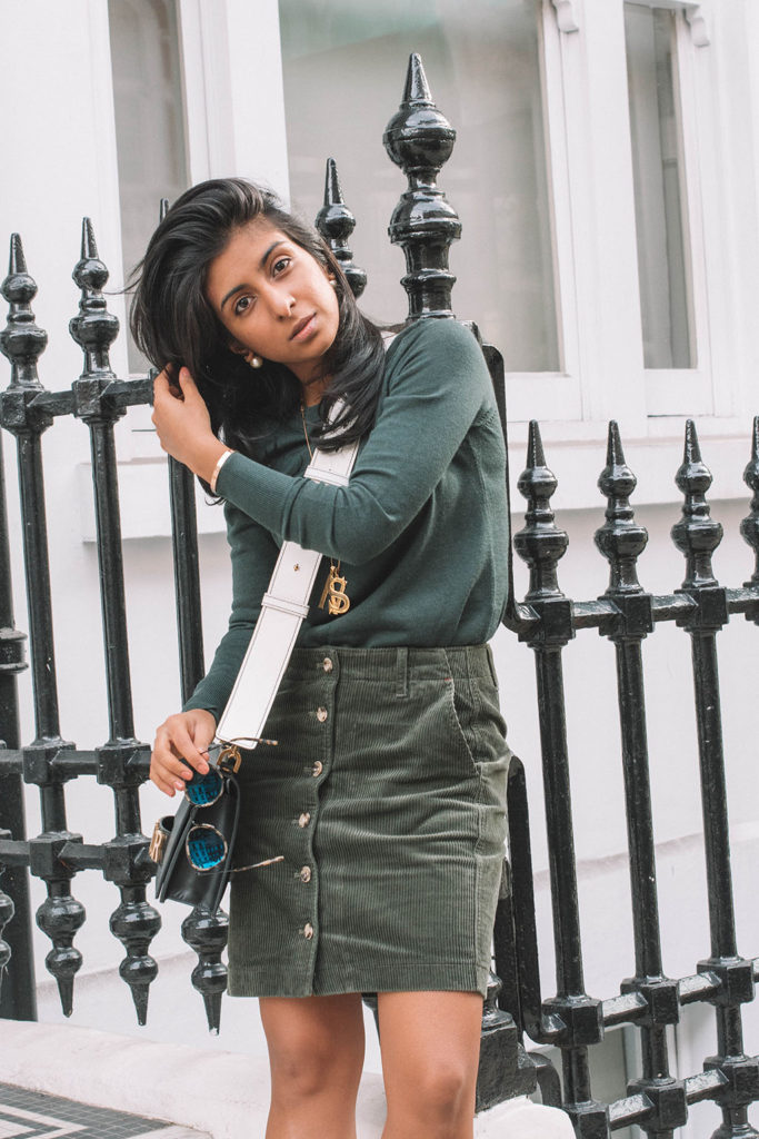 Fashion blogger Shloka Narang of The Silk Sneaker shares her favourite new corduroy skirt outfit featuring Uniqlo and Dior