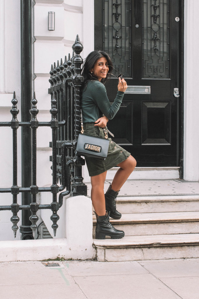 Fashion blogger Shloka Narang of The Silk Sneaker shares her favourite new corduroy skirt outfit featuring Uniqlo and Dior