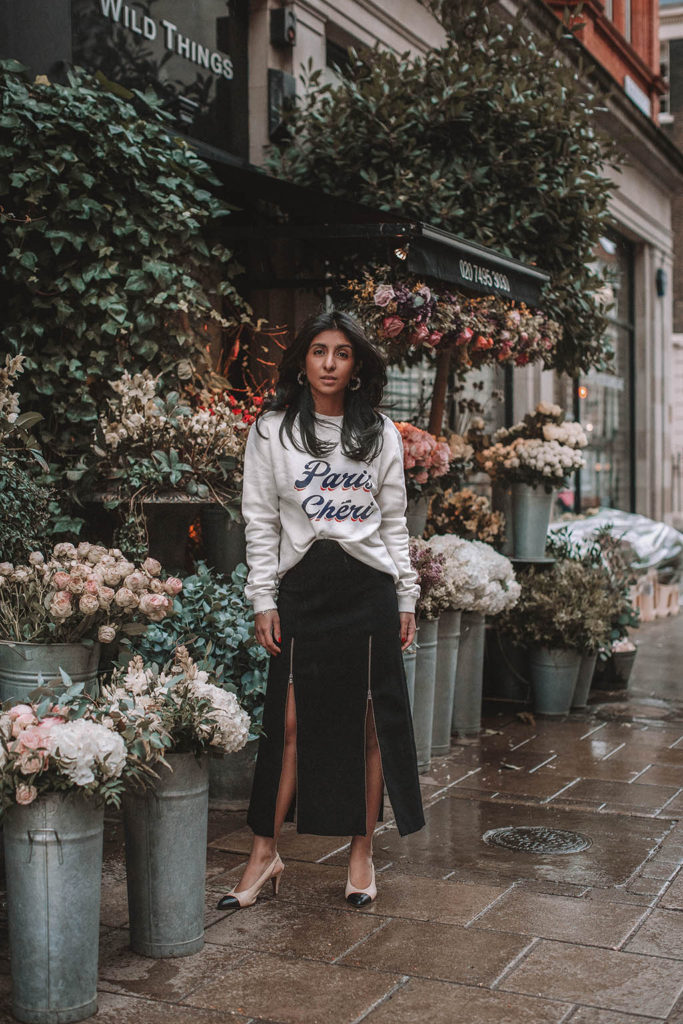 Fashion blogger Shloka Narang of The Silk Sneaker shares a style trick for how to style a statement sweater for a cozy and cute spring summer outfit featuring Ba&sh and Chanel