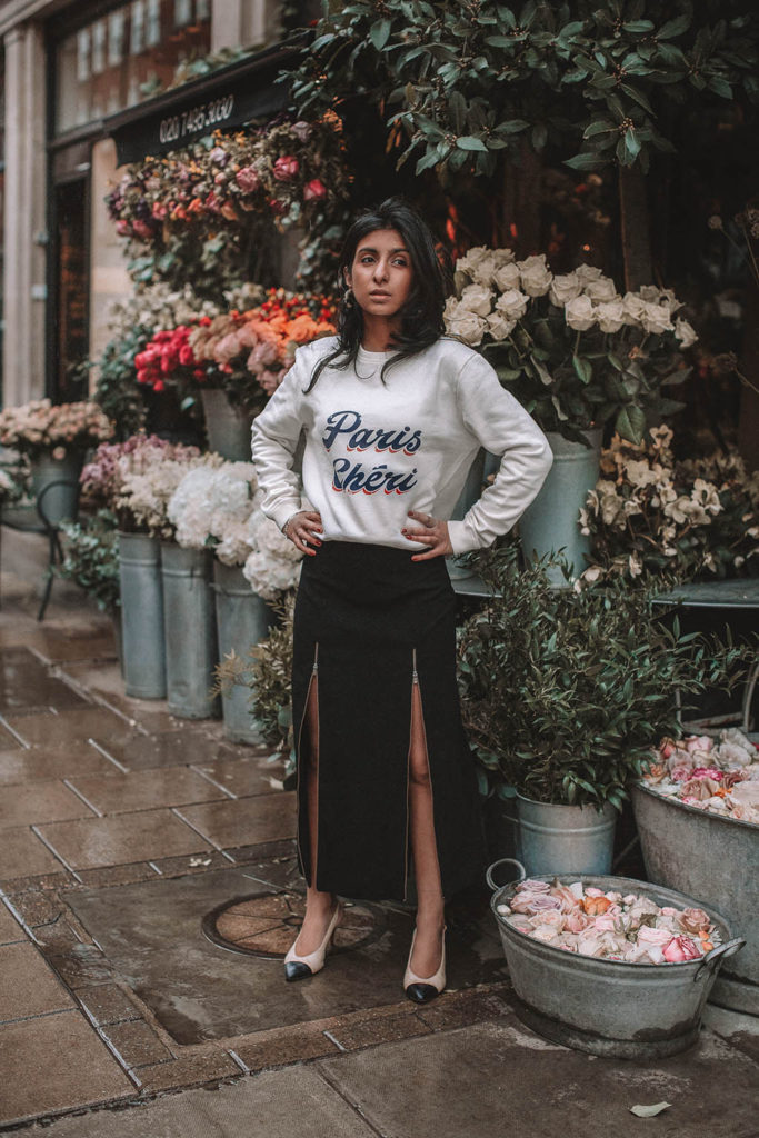 Fashion blogger Shloka Narang of The Silk Sneaker shares a style trick for how to style a statement sweater for a cozy and cute spring summer outfit featuring Ba&sh and Chanel