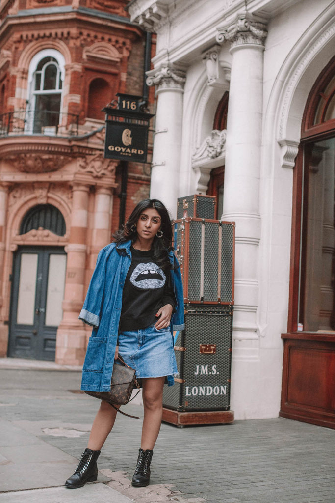 Fashion blogger Shloka Narang of The Silk Sneaker shares how to wear denim on denim for a double denim spring outfit featuring Louis Vuitton and Markus Lupfer