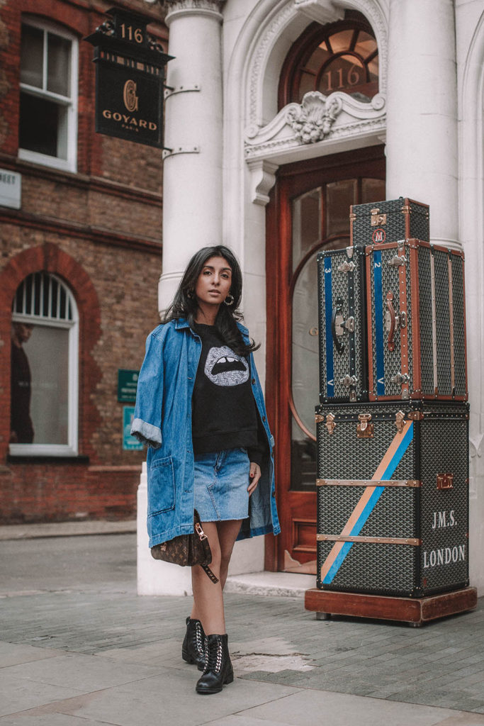 Fashion blogger Shloka Narang of The Silk Sneaker shares how to wear denim on denim for a double denim spring outfit featuring Louis Vuitton and Markus Lupfer