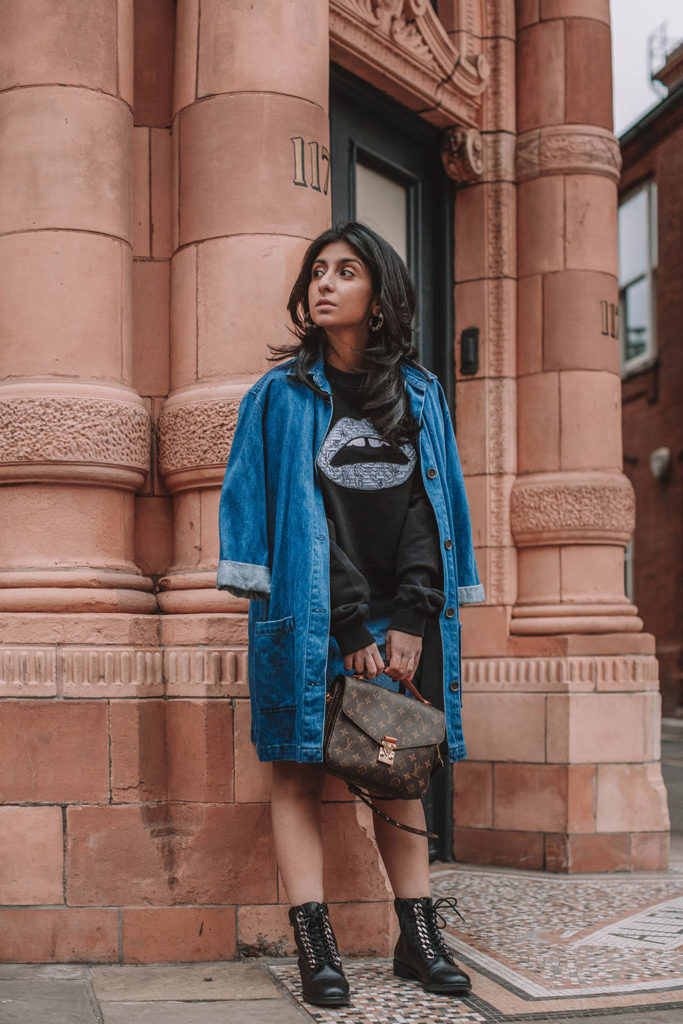 Fashion blogger Shloka Narang of The Silk Sneaker shares how to wear denim on denim for a double denim spring outfit featuring Louis Vuitton and Markus Lupfer