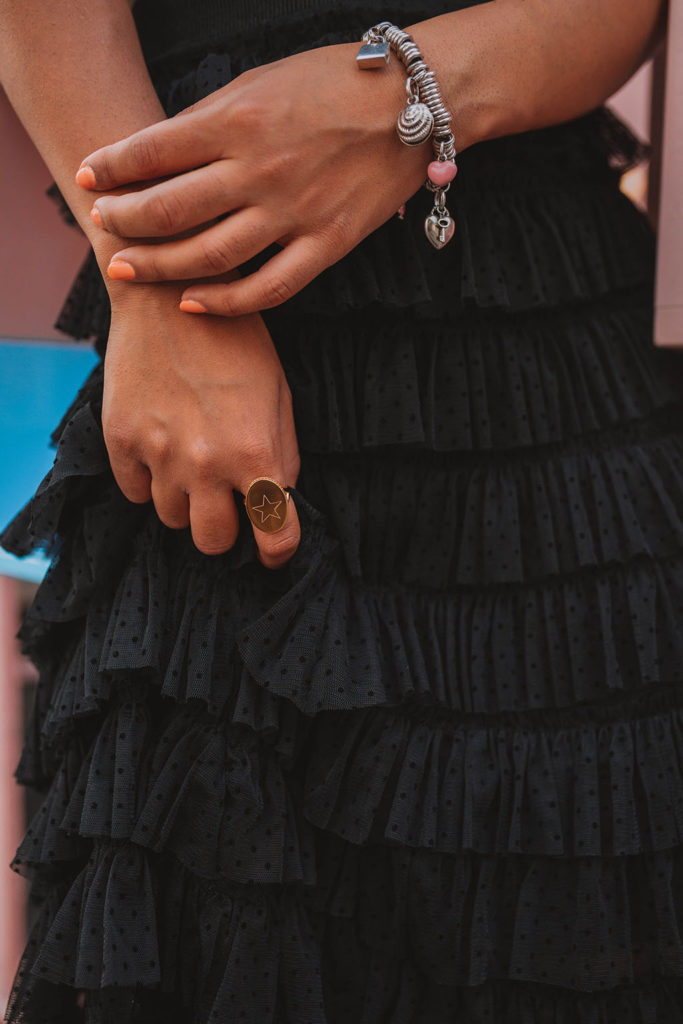 Shloka Narang, a fashion blogger of The Silk Sneaker styles a Links of London personalised ring with a boho outfit.