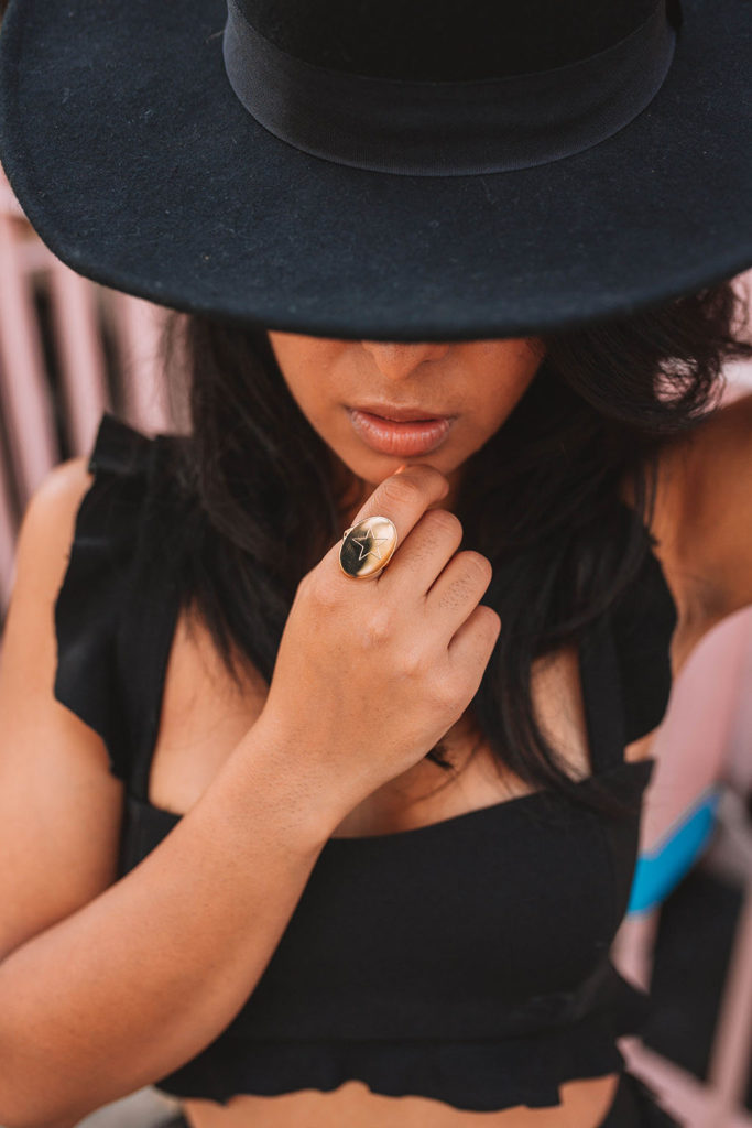 Shloka Narang, a fashion blogger of The Silk Sneaker styles a Links of London personalised ring with a boho outfit.