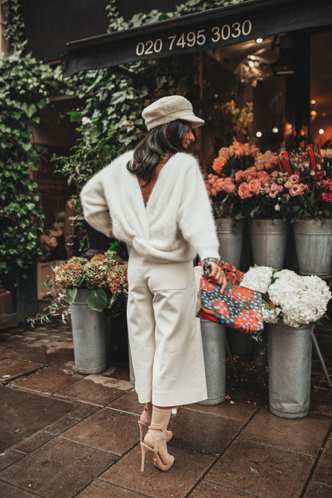 Luxury fashion blogger Shloka Narang of The Silk Sneaker shares how to wear white in winter with an all white outfit featuring Ba&sh, Louis Vuitton and Topshop