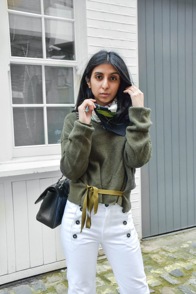 Fashion blogger Shloka Narang showcases a spring outfit to wear now with sailor pants and khaki