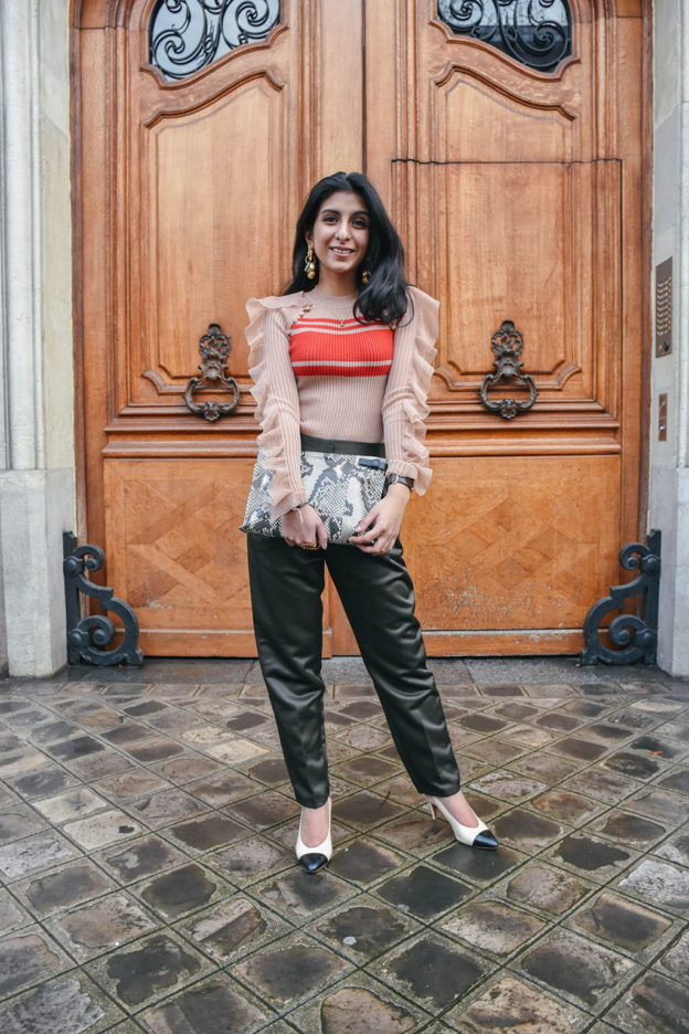 Fashion Blogger Shloka Narang of The Silk Sneaker showcases her Paris Fashion Week outfit and street style showcasing a Self Portrait Top and Topshop Trousers