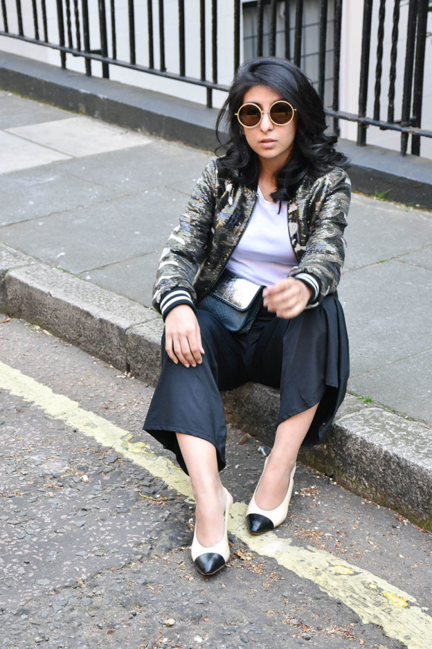 Fashion blogger Shloka Narang of The Silk Sneaker showcases how to wear sequins in the day featuring Topshop Bomber Jacket and ASOS pants